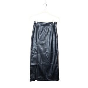 Commense Black Faux Leather Midi Skirt High Waisted Front Slit Vegan Pencil S